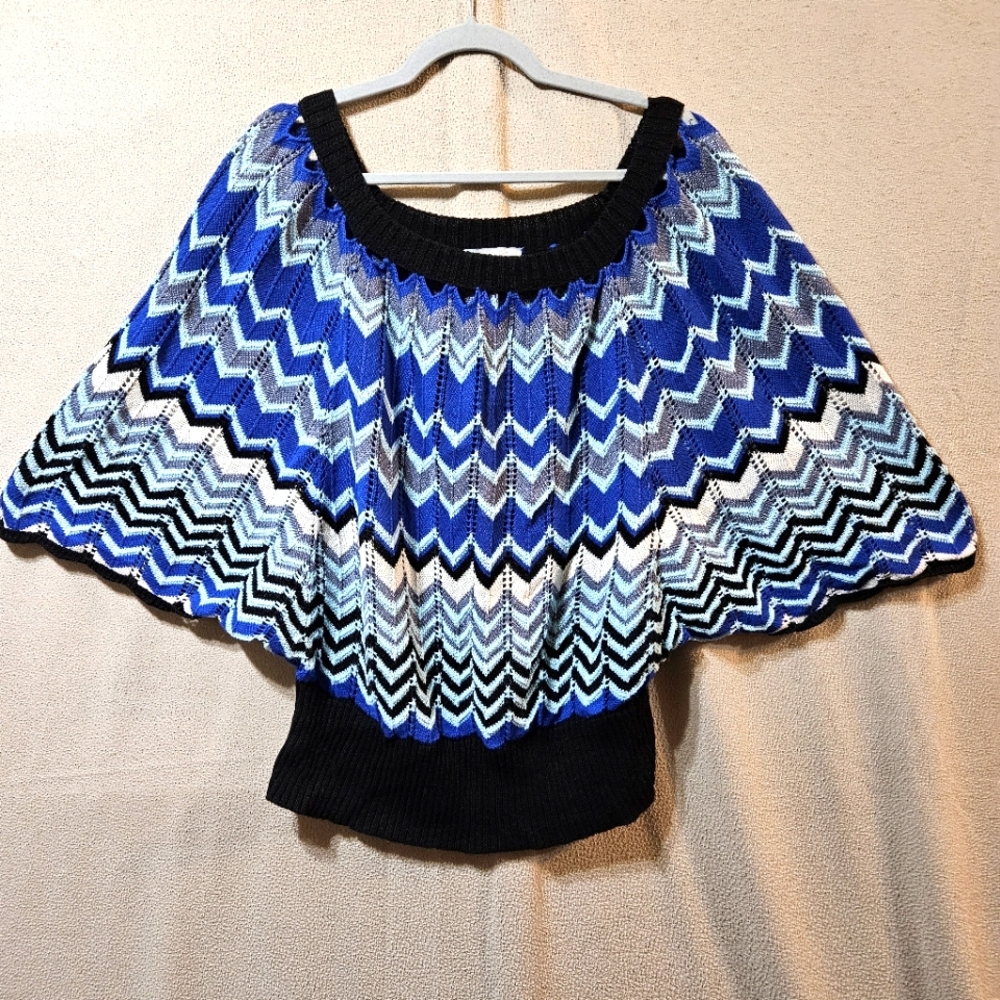 NY Collection Chevron Blue and Black Women's Cropped Cape Sweater XL